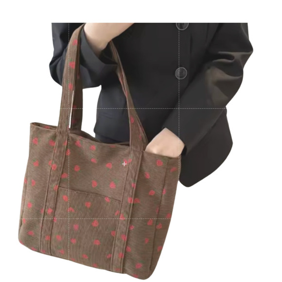 Unbranded Handbags - Corduroy Tote Bag Brown Strawberry Printed Grandmacore Cottagecore NWT